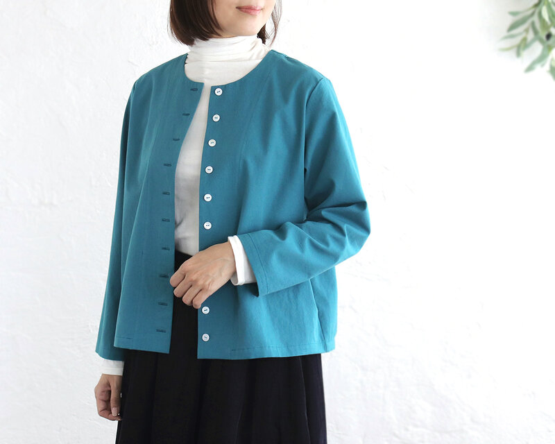 品よく羽織れる大人の一枚✦ 東炊きコットンツイル ノーカラージャケット（ターコイズ）CO13✦セットアップ可