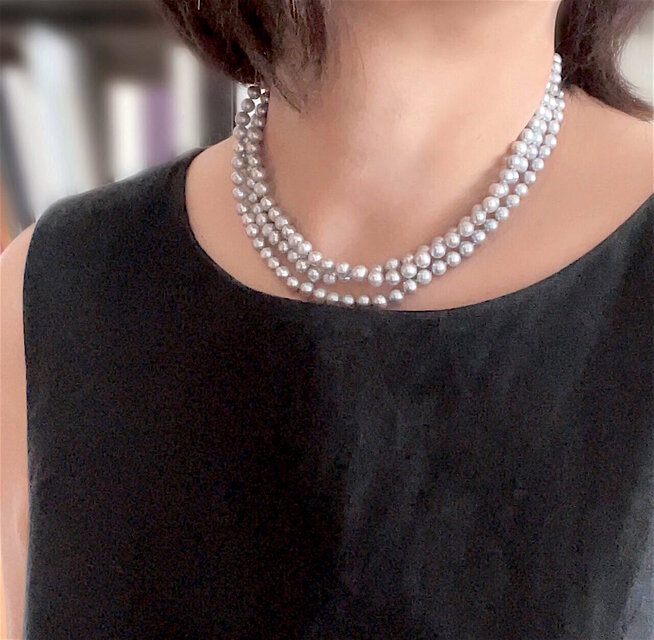 淡水パール バロック サックスシルバー ほんのりミックス 超ロングネックレス 120cm