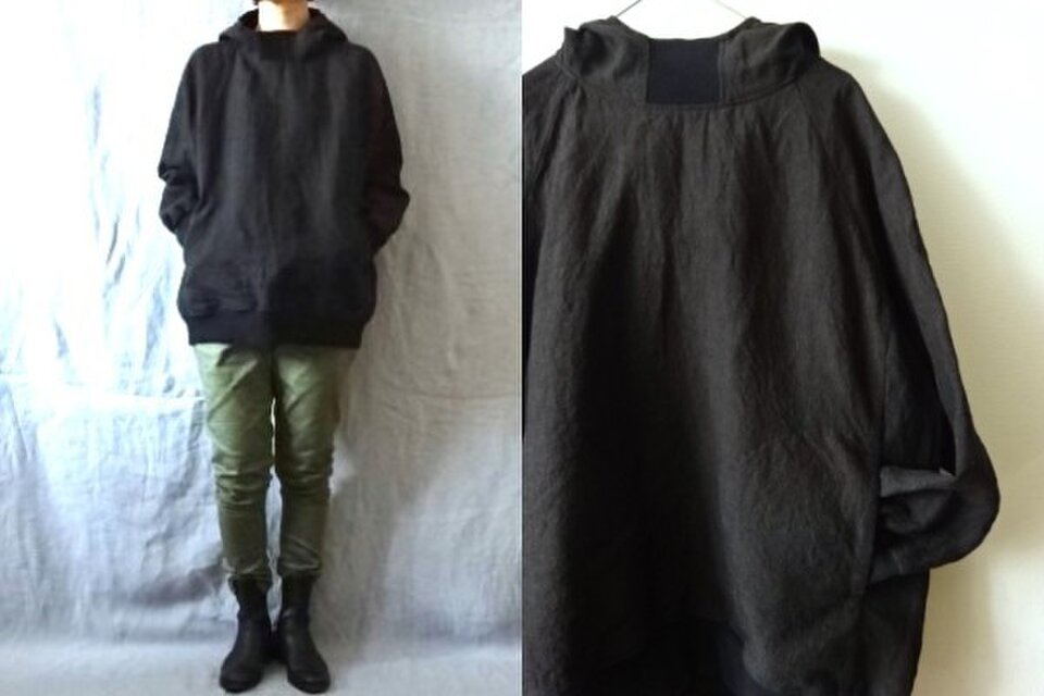 【ｍ様専用ページ】グレー/リネンシャンブレー　ハイネックフードラグランRIBプル