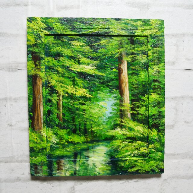 油絵【新緑の川】