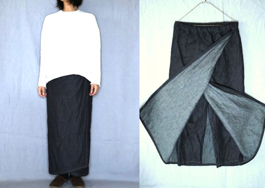 【受注制作】コットンリネンデニム　巻きスカートパンツ