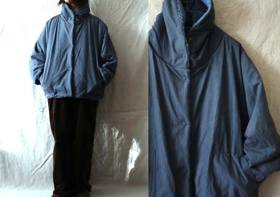 【受注制作】ネイビー/コットンタイプライター×サックスブルーボア　リバーシブルあったか衿Bigジャンパー