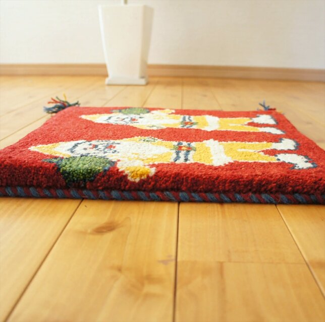 ペルシャ ギャッベ ミニマット ラグ 横39x39.5㎝ 茜色 サンタ T88114