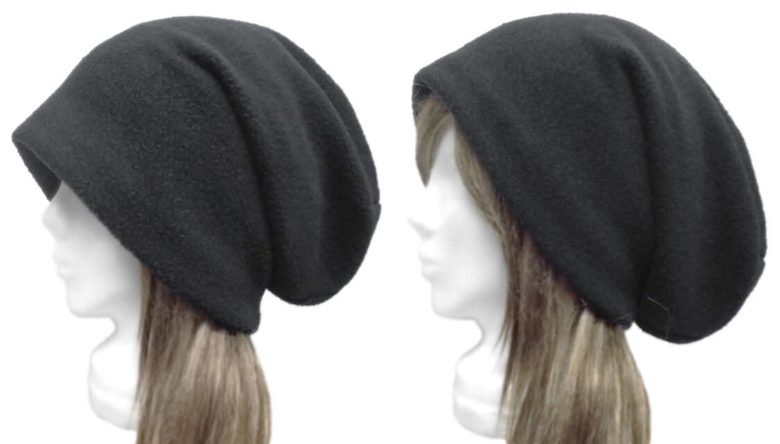 ロングルーズワッチキャップ◆ウールボアニット／ブラック　◇ゆったりサイズ・小顔効果・寒い季節におすすめ(秋冬)◇