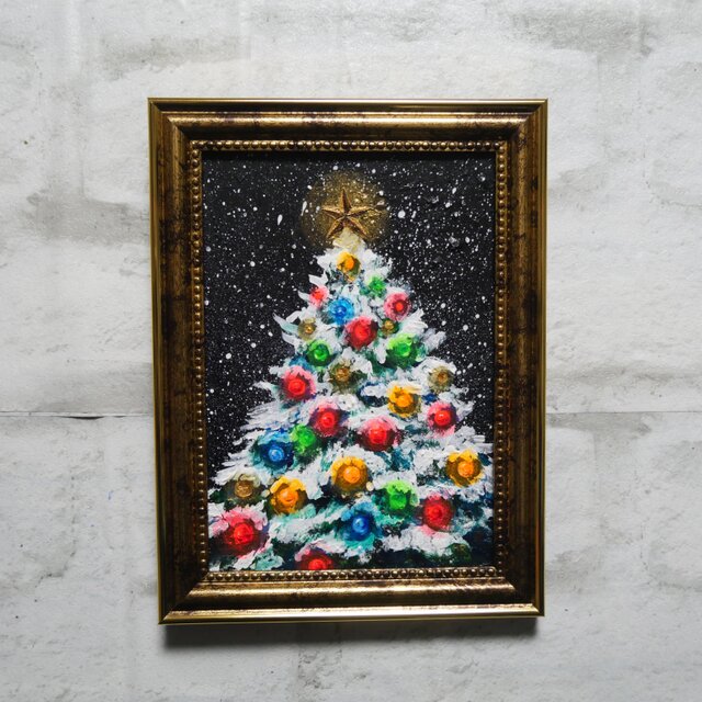 油絵 ミニ絵画2L【雪のクリスマスツリー】