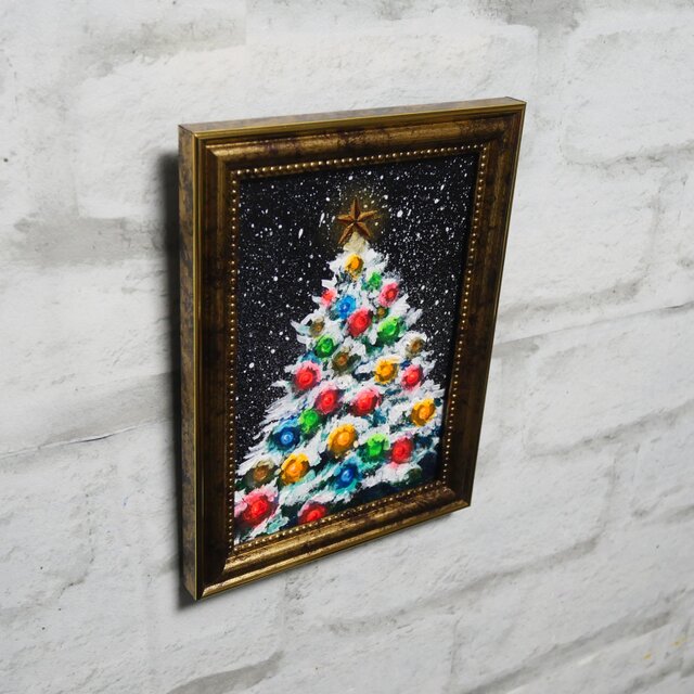 油絵 ミニ絵画2L【雪のクリスマスツリー】 | iichi 日々の暮らしを