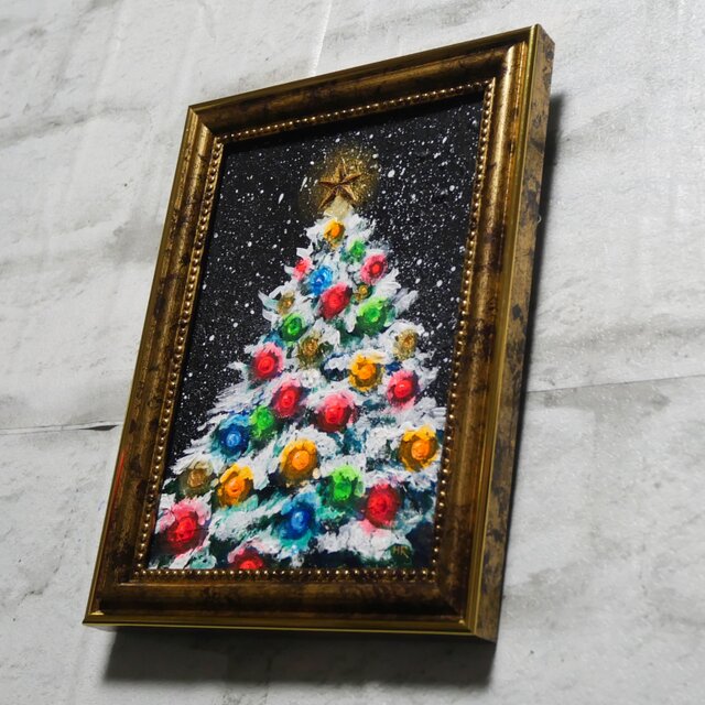 油絵 ミニ絵画2L【雪のクリスマスツリー】 | iichi 日々の暮らしを