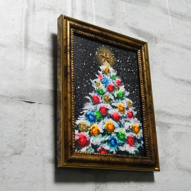 油絵 ミニ絵画2L【雪のクリスマスツリー】 | iichi 日々の暮らしを