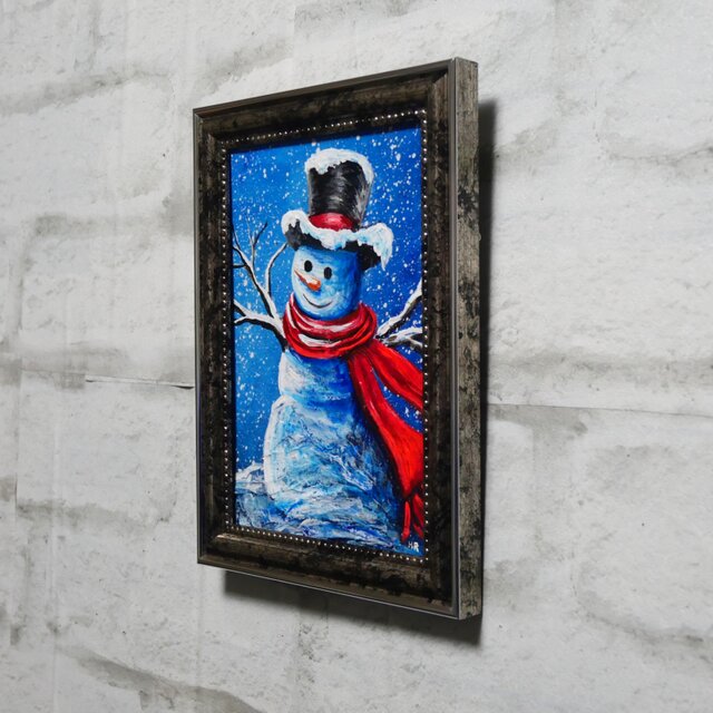 油絵 ミニ絵画【赤いマフラーの雪だるま】 | iichi 日々の暮らしを