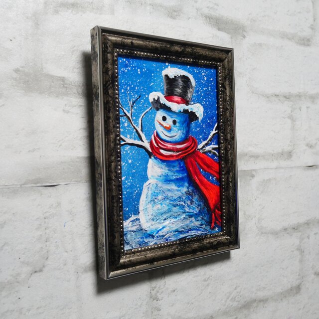油絵 ミニ絵画【赤いマフラーの雪だるま】 | iichi 日々の暮らしを