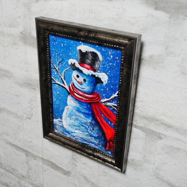 油絵 ミニ絵画【赤いマフラーの雪だるま】 | iichi 日々の暮らしを