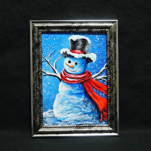 油絵 ミニ絵画【赤いマフラーの雪だるま】 | iichi 日々の暮らしを