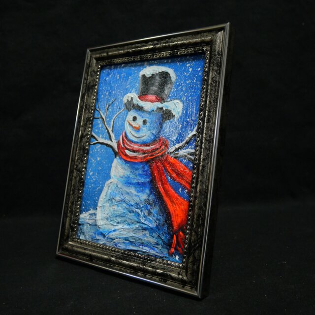 【赤いマフラーの雪だるま】絵画 油彩 油彩画 絵 油絵 油絵 ミニ絵画【赤いマフラーの雪だるま】 | iichi 日々の暮らしを