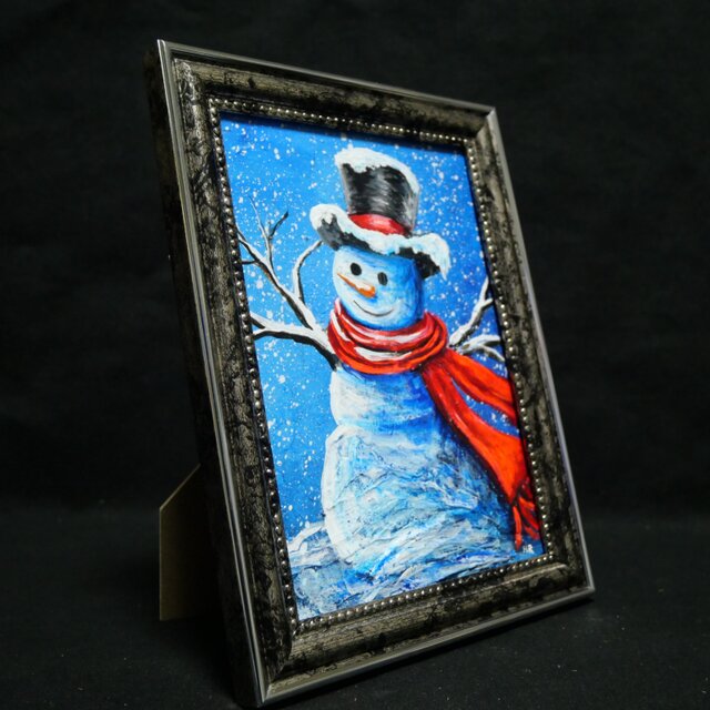 【赤いマフラーの雪だるま】絵画 油彩 油彩画 絵 油絵 油絵 ミニ絵画【赤いマフラーの雪だるま】 絵画 HR 通販 14973614