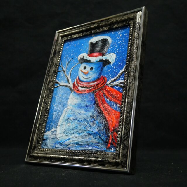 油絵 ミニ絵画【赤いマフラーの雪だるま】 | iichi 日々の暮らしを