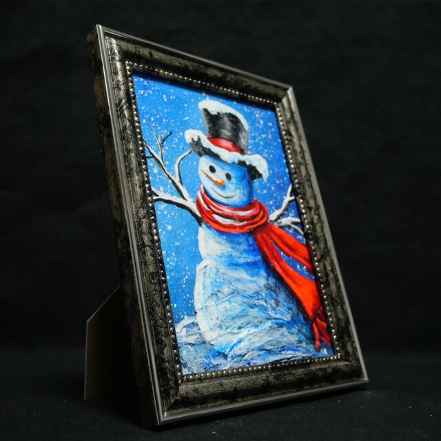 【赤いマフラーの雪だるま】絵画 油彩 油彩画 絵 油絵 油絵 ミニ絵画【赤いマフラーの雪だるま】 | iichi 日々の暮らしを