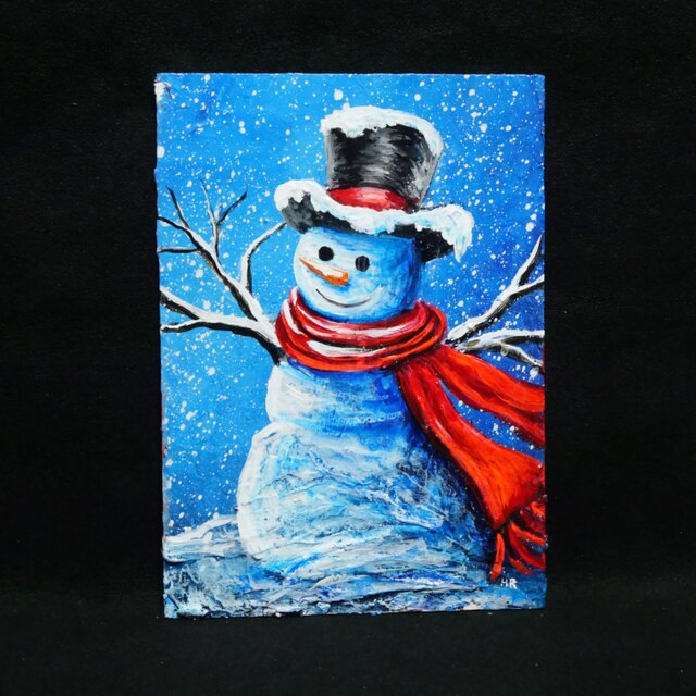 【赤いマフラーの雪だるま】絵画 油彩 油彩画 絵 油絵 油絵 ミニ絵画【赤いマフラーの雪だるま】 | iichi 日々の暮らしを