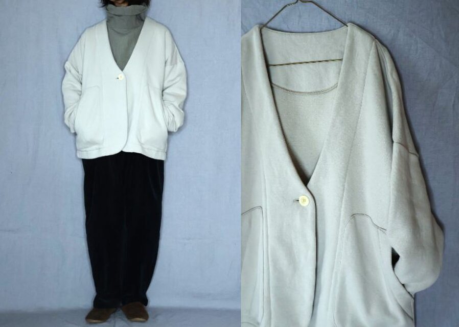 【試作品】オフベージュ/コットン100％裏毛起毛　 深Vジャケット