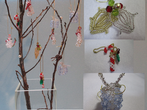 オーナメントビーズ３点　ヒイラギ　クリスマススティック　プレゼントボックス　アクセサリー　ストラップ　チャーム