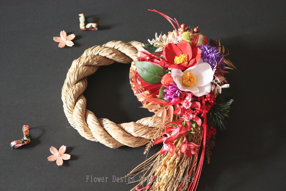 2026年☆特大・紅白の椿と扇のお正月飾り しめ飾り お正月飾り しめ縄