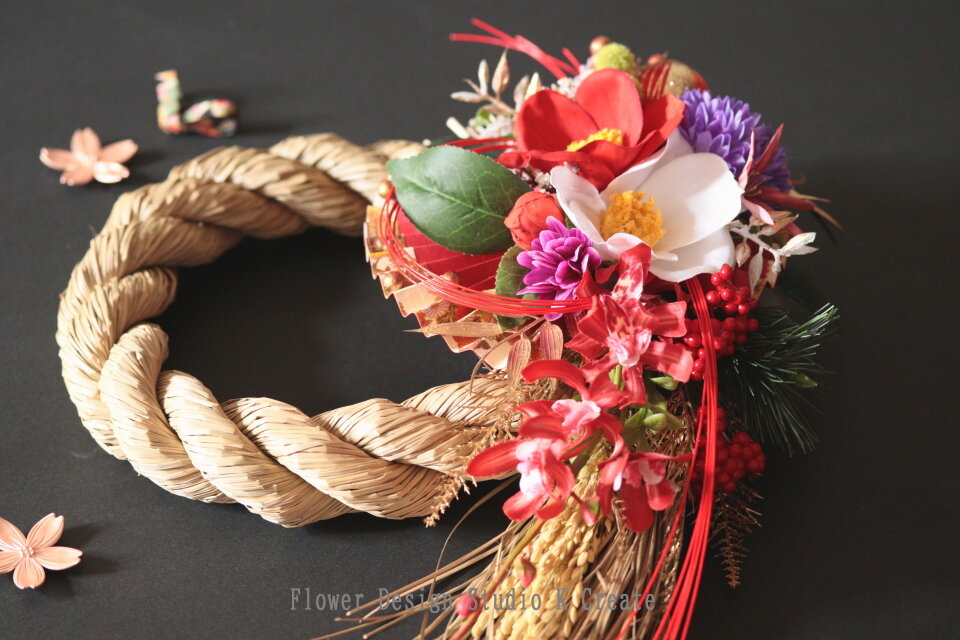 2026年☆特大・紅白の椿と扇のお正月飾り しめ飾り お正月飾り しめ縄