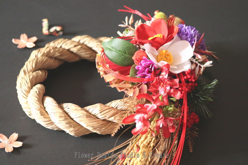 2026年☆特大・紅白の椿と扇のお正月飾り しめ飾り お正月飾り しめ縄