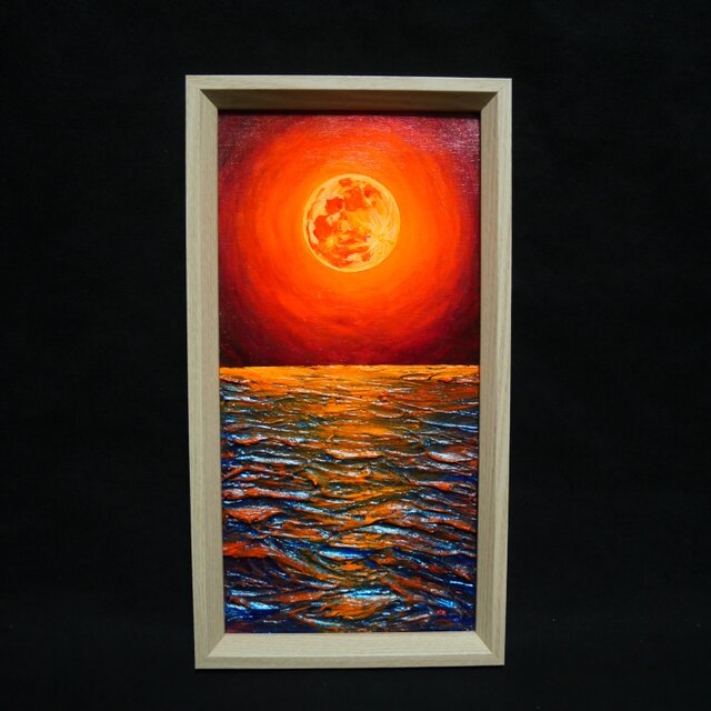 油絵 長方形ミニ絵画【オレンジ色の満月】