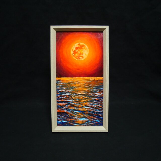 油絵 長方形ミニ絵画【オレンジ色の満月】 | iichi 日々の暮らしを