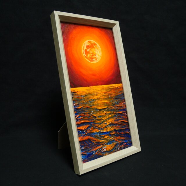 油絵 長方形ミニ絵画【オレンジ色の満月】 | iichi 日々の暮らしを