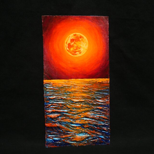油絵 長方形ミニ絵画【オレンジ色の満月】 | iichi 日々の暮らしを