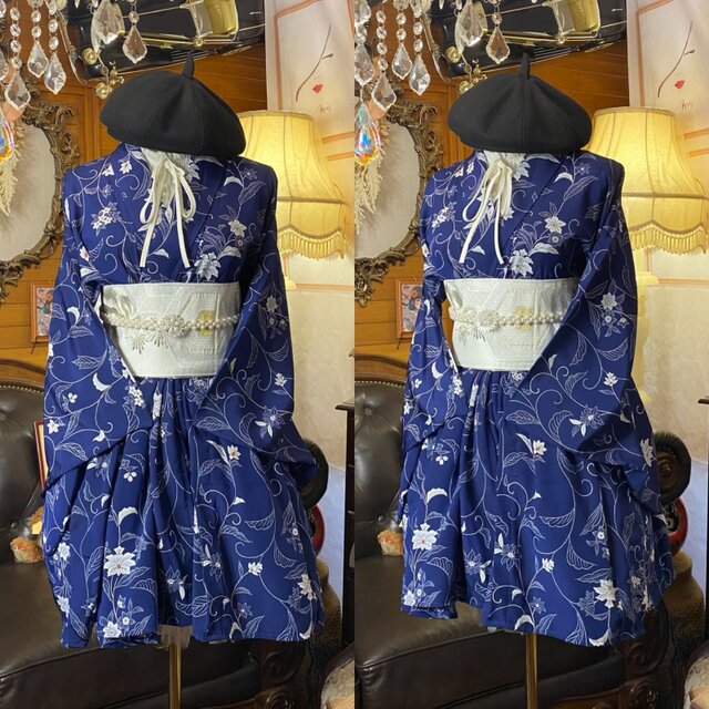 着物 ミニ丈 ワンピース ドレス 和ロリ 2部式作り帯 京袋帯 リメイク
