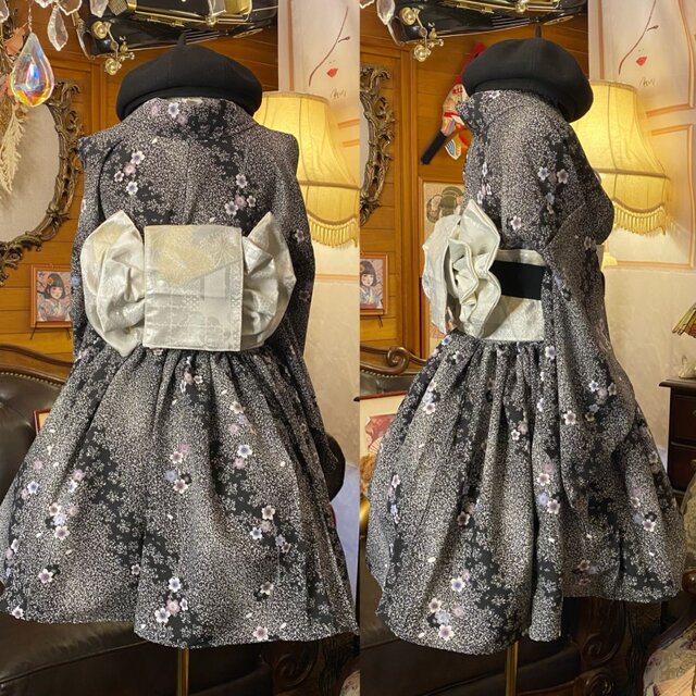 着物 ミニ丈 ワンピース ドレス 和ロリ 2部式作り帯 京袋帯 リメイク