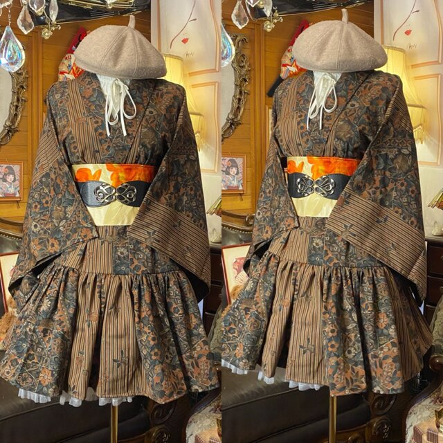 着物 ミニ丈 ワンピース ドレス 和ロリ 2部式作り帯 名古屋帯 リメイク