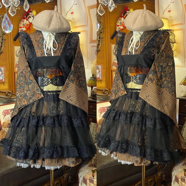 着物 ミニ丈 ワンピース ドレス 和ロリ 2部式作り帯 名古屋帯 リメイク