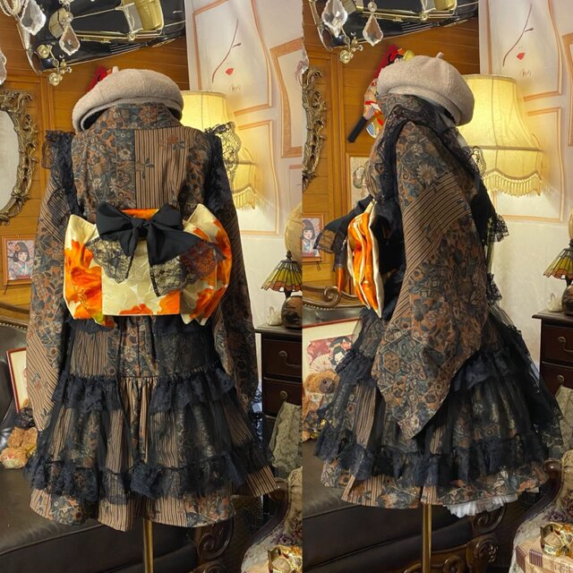 黒と白のストライプ 小紋 着物 ミニ丈ワンピースドレス和ロリ Free5点セット 着物 ミニ丈 ワンピース ドレス 和ロリ 2部式作り帯 名古屋帯 リメイク