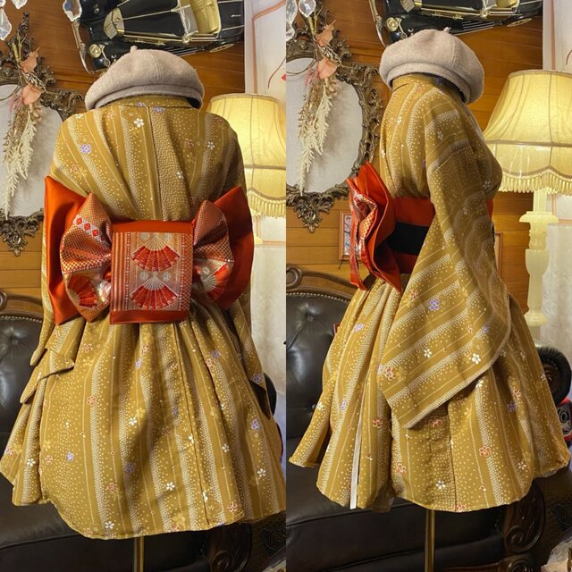 着物 ミニ丈 ワンピース ドレス 和ロリ 2部式作り帯 名古屋帯 リメイク