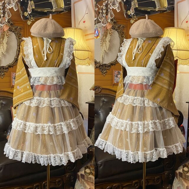 着物 ミニ丈 ワンピース ドレス 和ロリ 2部式作り帯 名古屋帯 リメイク
