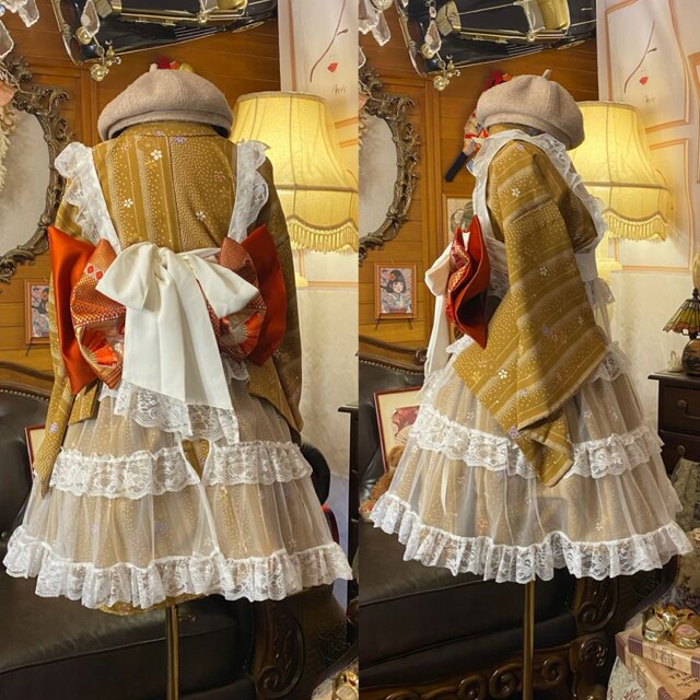着物 ミニ丈 ワンピース ドレス 和ロリ 2部式作り帯 名古屋帯 リメイク