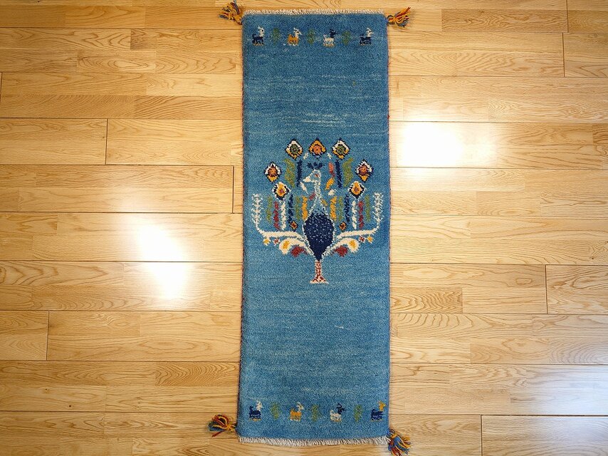 ペルシャ ギャッベ ミニランナー ラグ 115x40cm 青 孔雀 RJ15904G