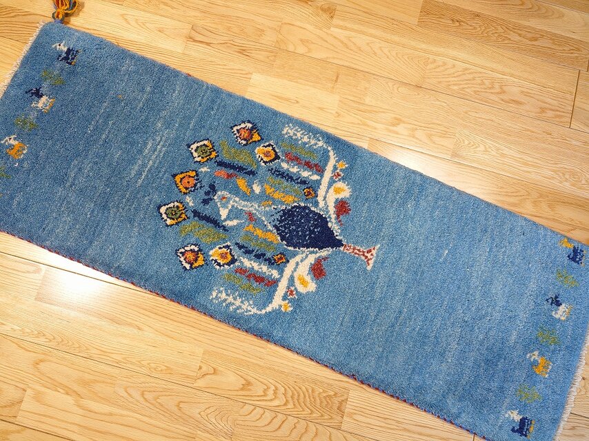ペルシャ 手作り ランナー ラグ ペルシャ ギャッベ ミニランナー ラグ 115x40cm 青 孔雀 RJ15904G