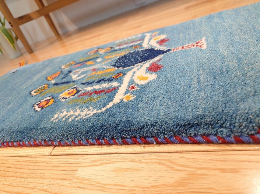 ペルシャ ギャッベ ミニランナー ラグ 115x40cm 青 孔雀 RJ15904G