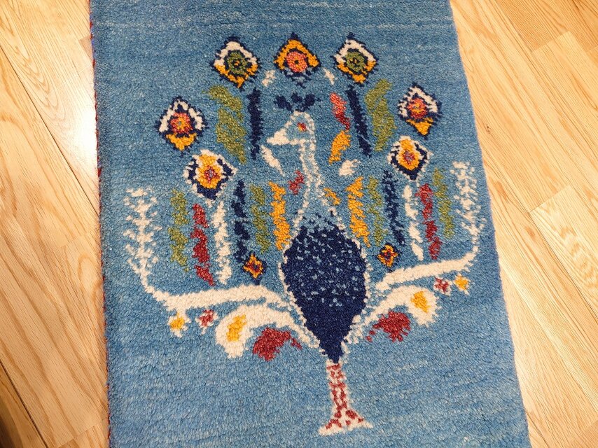 ペルシャ ギャッベ ミニランナー ラグ 115x40cm 青 孔雀 RJ15904G