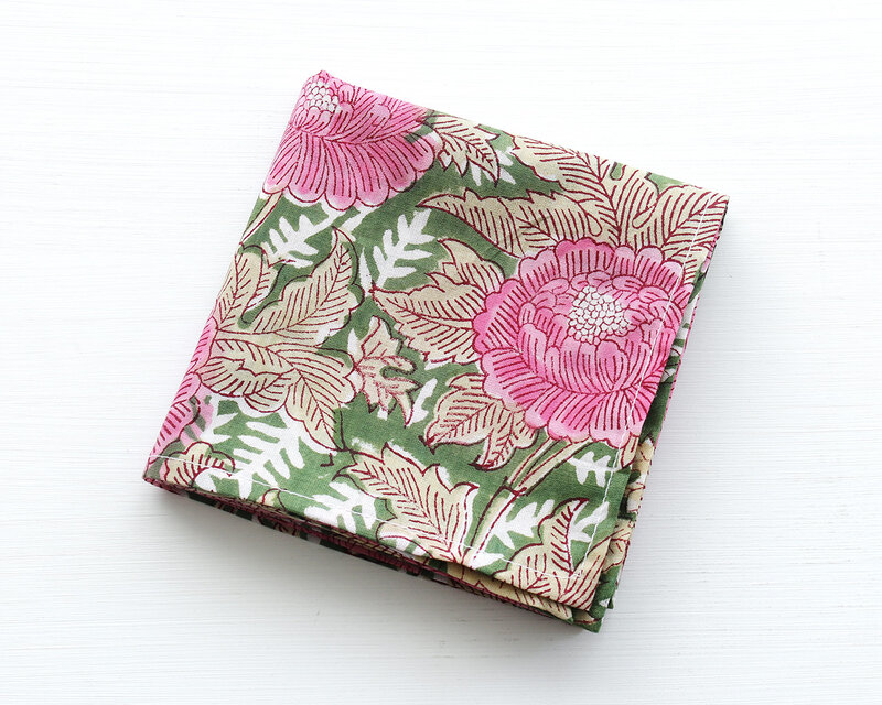 木版染め ブロックプリント 大判ハンカチ（ピオニー/グリーン）16