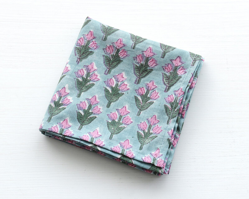 木版染め ブロックプリント 大判ハンカチ（チューリップ/スモーキーブルー）18