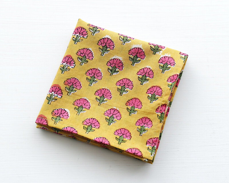木版染め ブロックプリント 大判ハンカチ（カーネーション/イエロー）17
