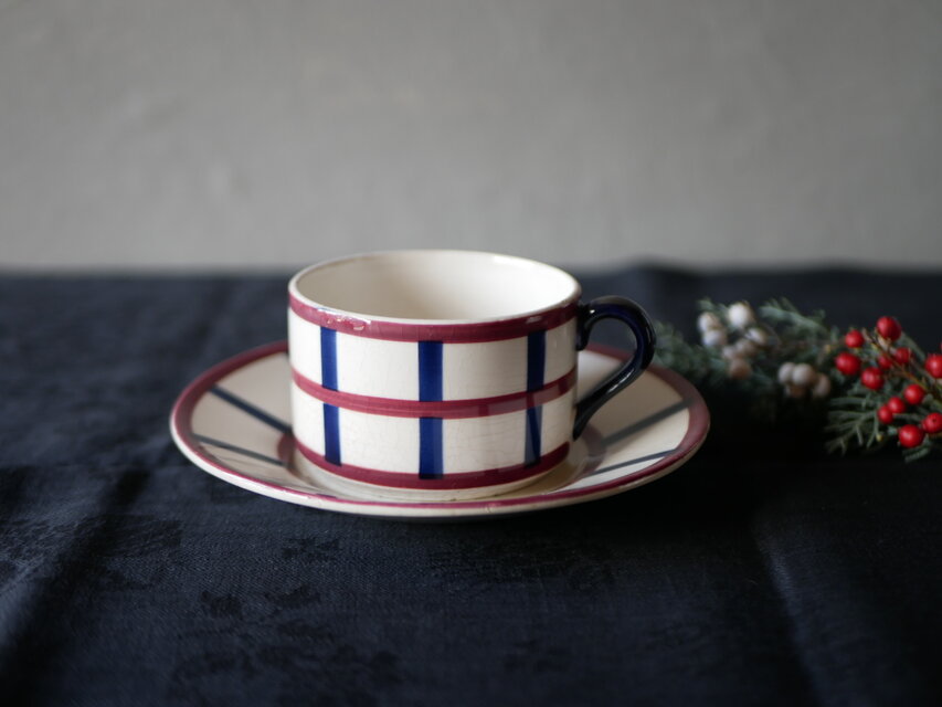 1 バスク柄 ティーカップ＆ソーサー フランスアンティーク ブロカント