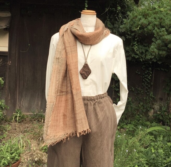 柿渋染め市松ストールK25045