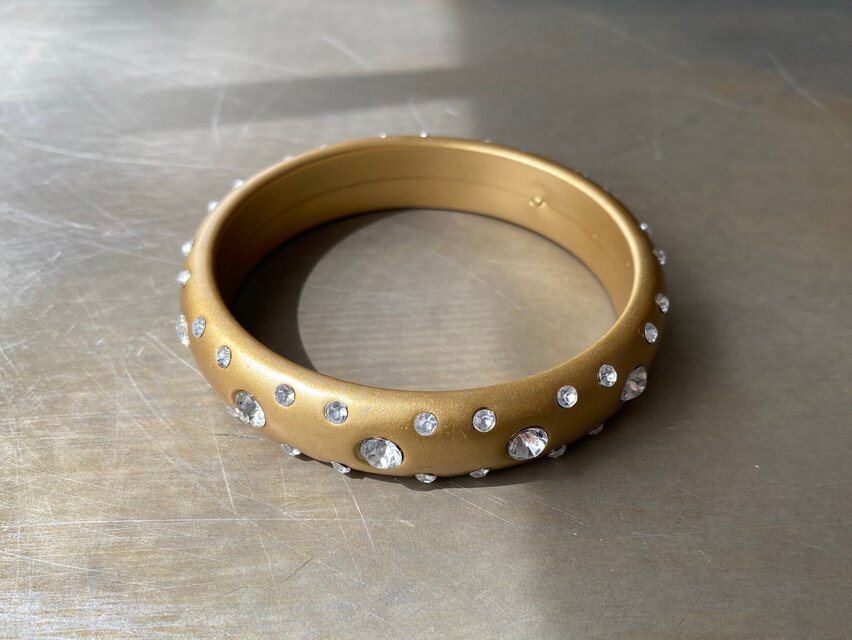 Vintage USA retro crystal bijou gold tone wood bangle