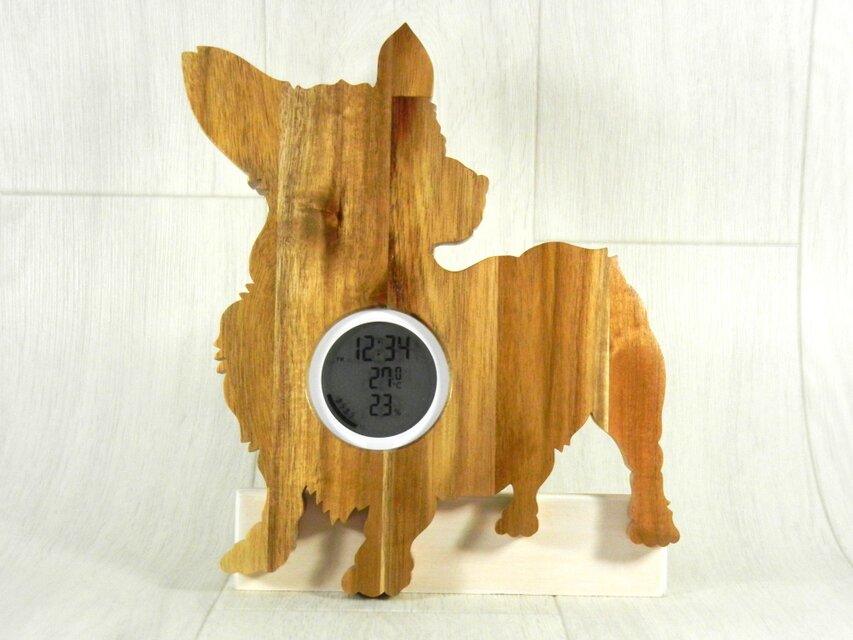 デジタル温・湿度計（時計付）ウェルシュ・コーギーA No.2【木製（アカシア集成材）】（置き・掛け兼用）のコピー