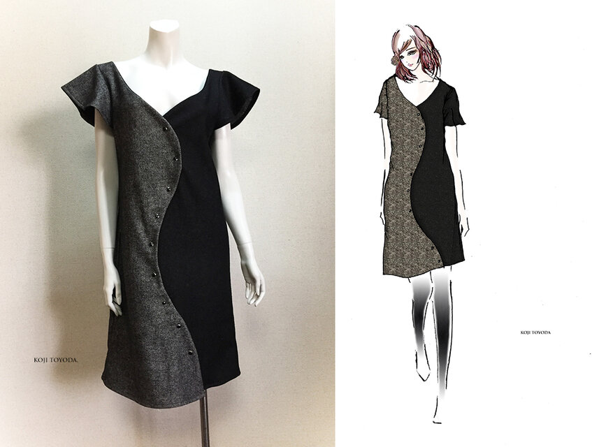 【1点もの・デザイン画付き】ツイル（ウール＆ポリ）生地アシメトリー湾曲ワンピース（KOJI TOYODA）